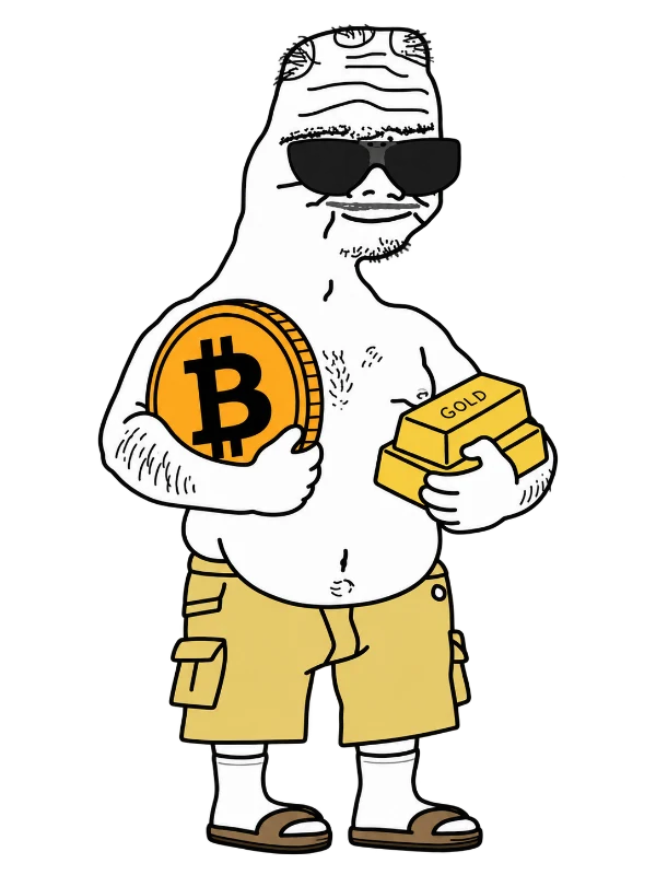 Boomer Wojak proudly holding an oversized Bitcoin coin and two gold bars, wearing sunglasses and yellow cargo shorts